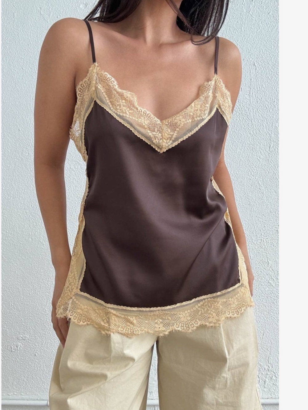 Silky Brown Lace-Trim Camisole